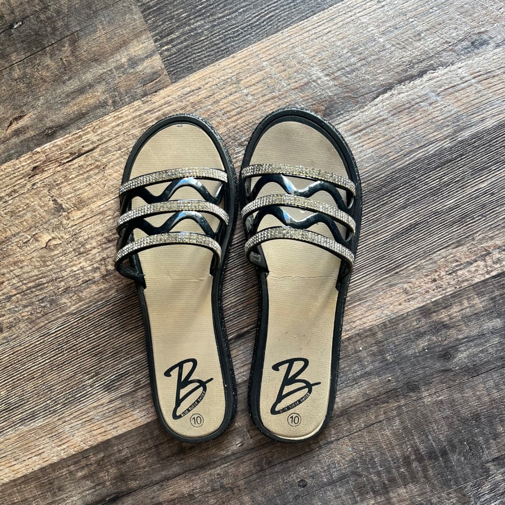 Blue Suede Shoes Rhinestone Slides Sandals Sparkle Straps‎ Black Size 10